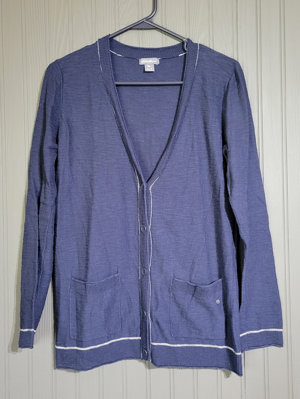 Eddie Bauer Button Down Cardigan Sweater White Trim Detail Blue Women's Small